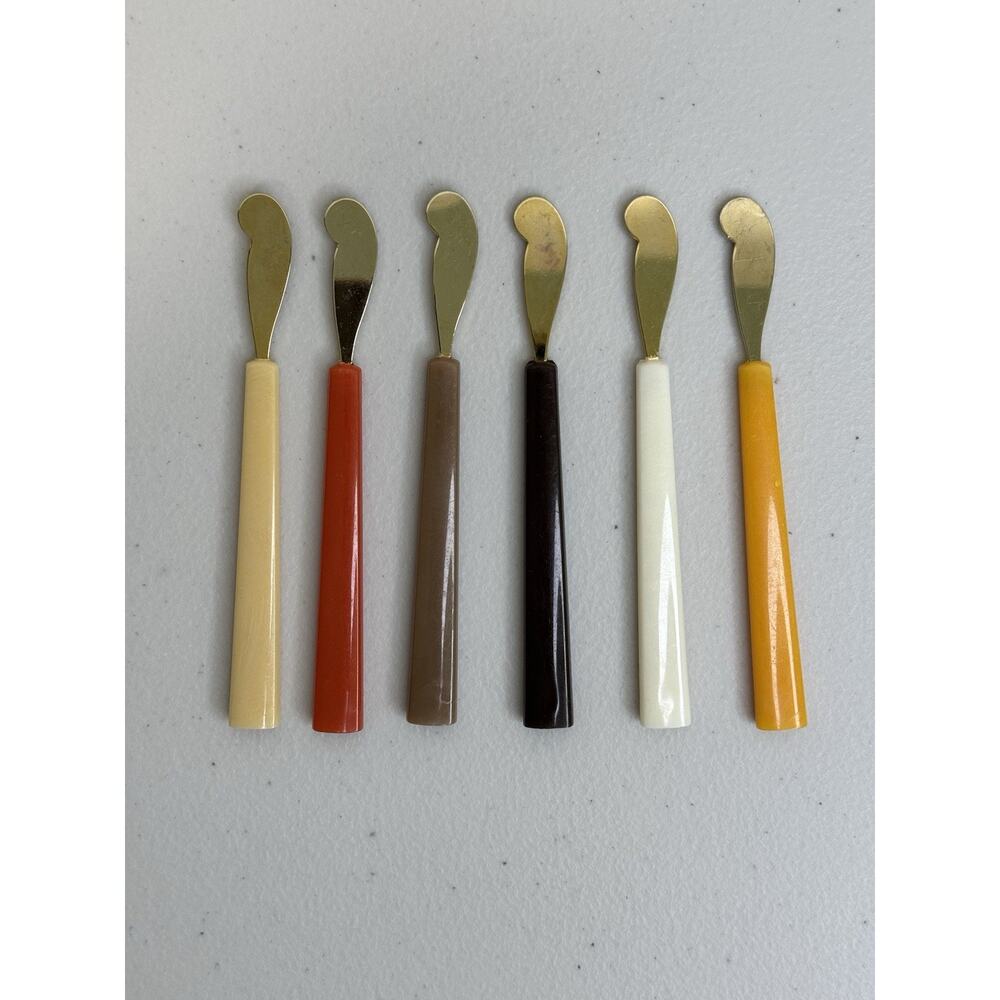 6 MCM Lucite Utensil Cheese Spreaders Bakelite Handles Gold Tone Stainless Steel